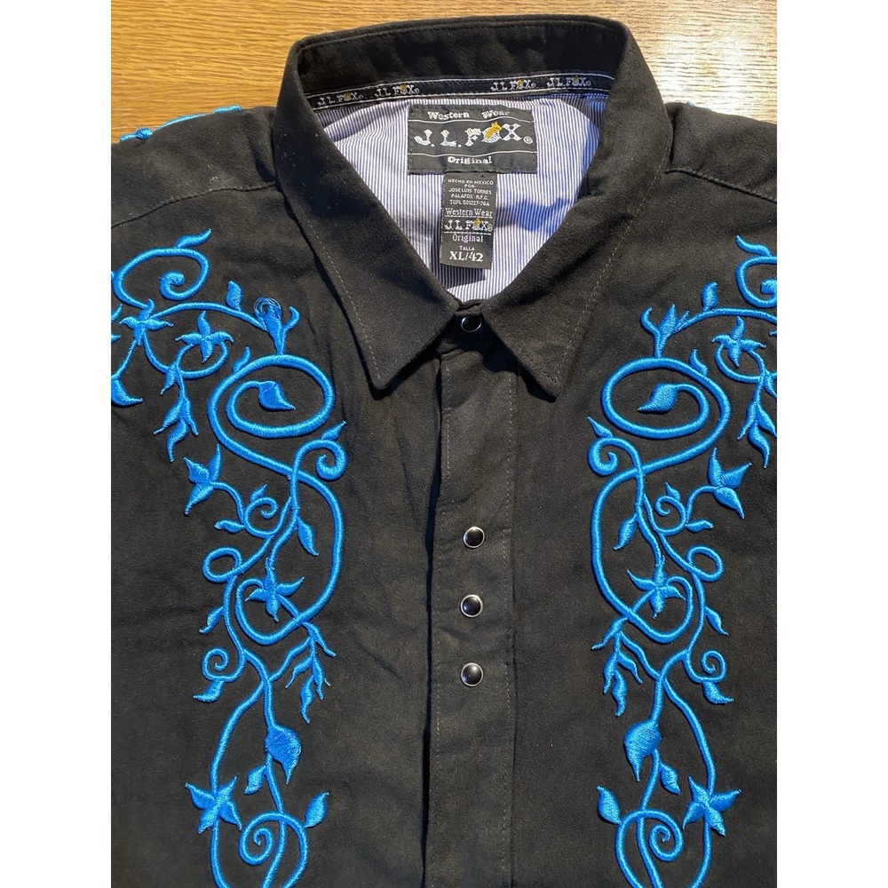 VTG Rodeo Cowboy Shirt XLT Black Blue‎ Embroidered Pearl Snap Western Rockabilly